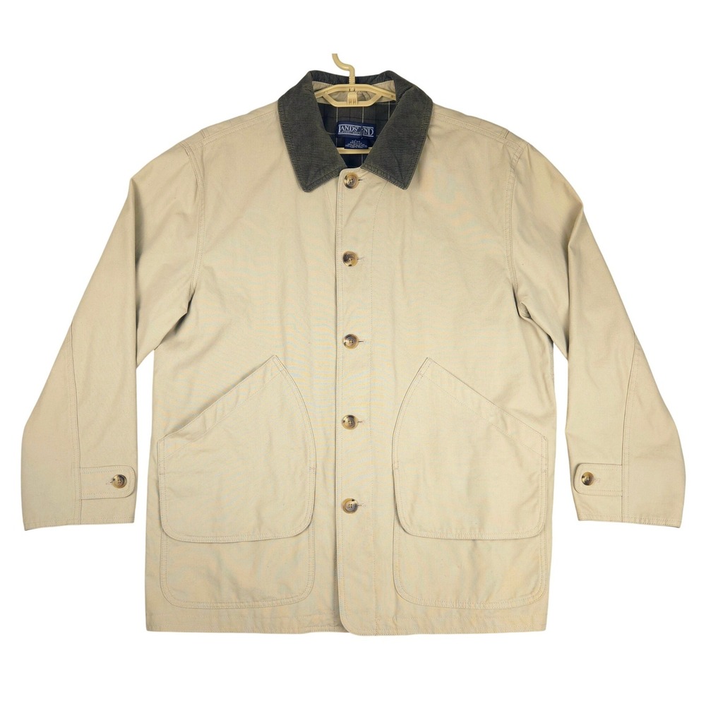 Lands End Mens‎ L Beige Cotton Barn Jacket Corduroy Collar Plaid Lined